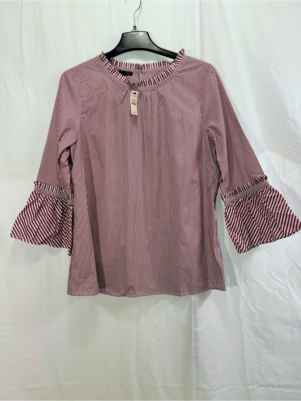 NWT Talbots Striped Ruffle Neck Blouse 3/4 Bell Sleeve Red White Side Zip Large